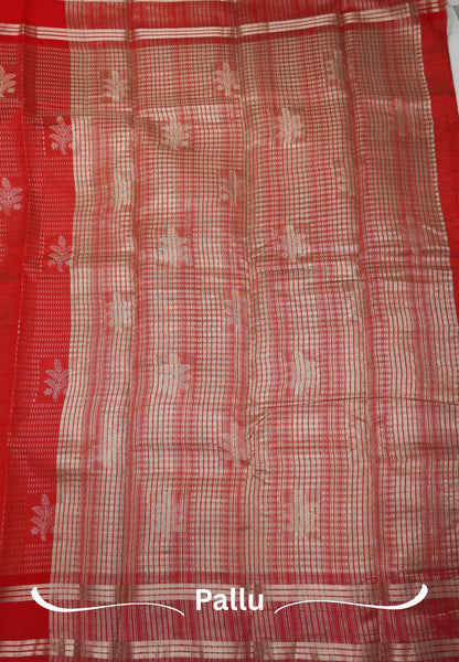 Semi Tussar Saree-Red in RainDrop Zari with Retapet Border