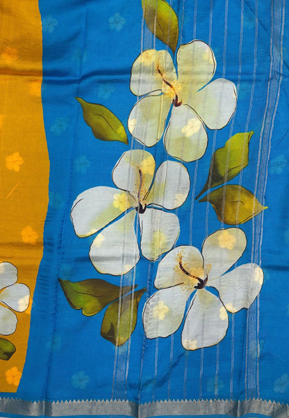 Pure Mangalgiri Silk Saree-Mango Yellow in Floral Print with Small Border