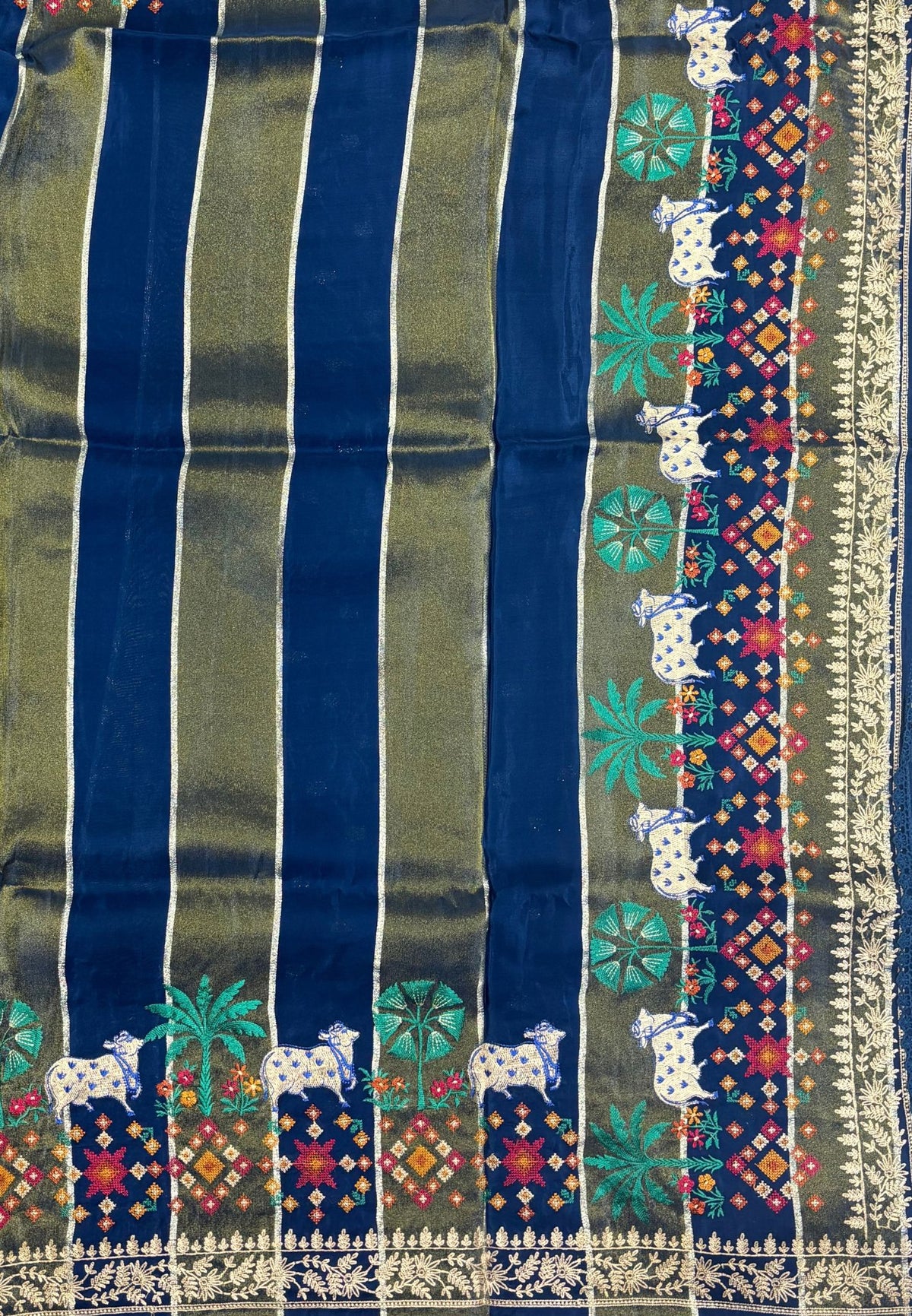 Satin Crepe Saree-Blue In Komatha Floral Border
