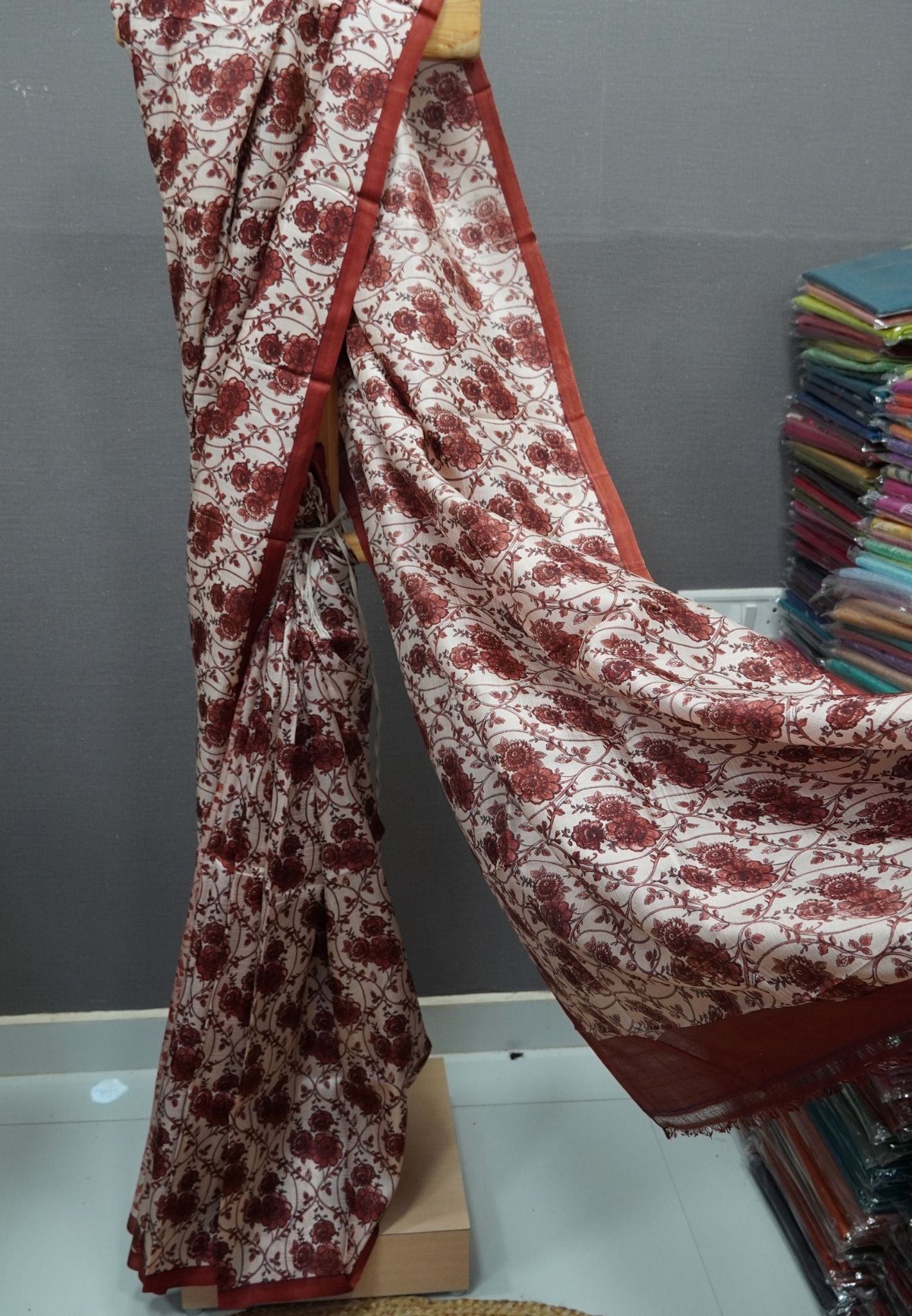 Pure Tussar Saree-Sandal in Floral Pattern