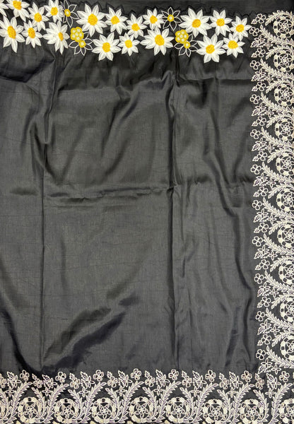 Rsian Silk Saree-Black In Daisy Floral Embroidery Border