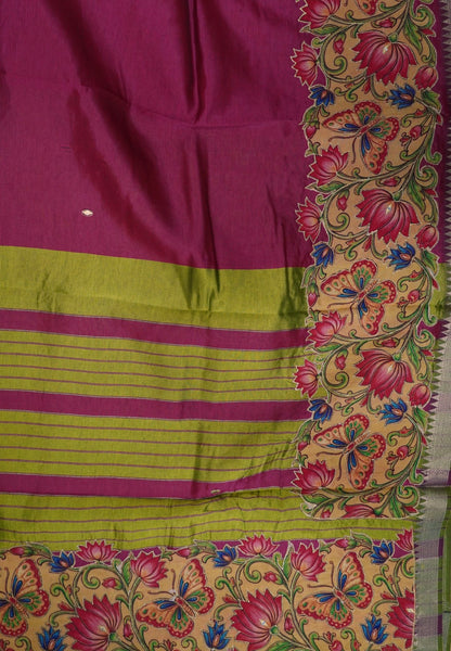 Pure Mangalgiri Silk Saree- Rani Pink with Appliqué Work