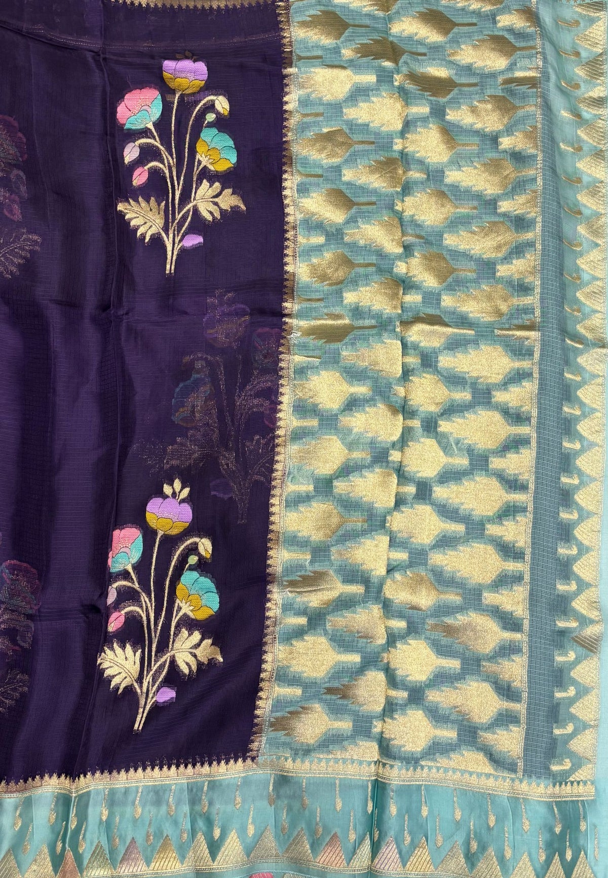 Silk Kota Saree-Dark Purple in Traditional Ikat-Inspired Zari Border