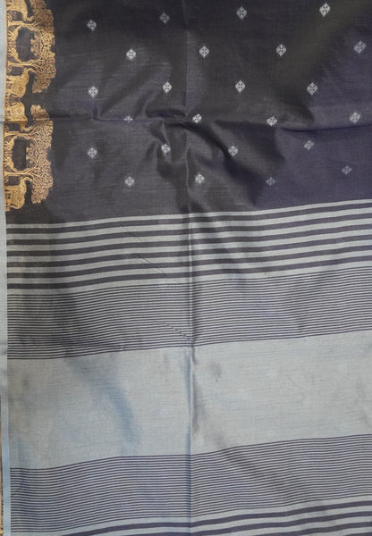 Raw Silk Saree-With Tree and Elephant-Navy Blue