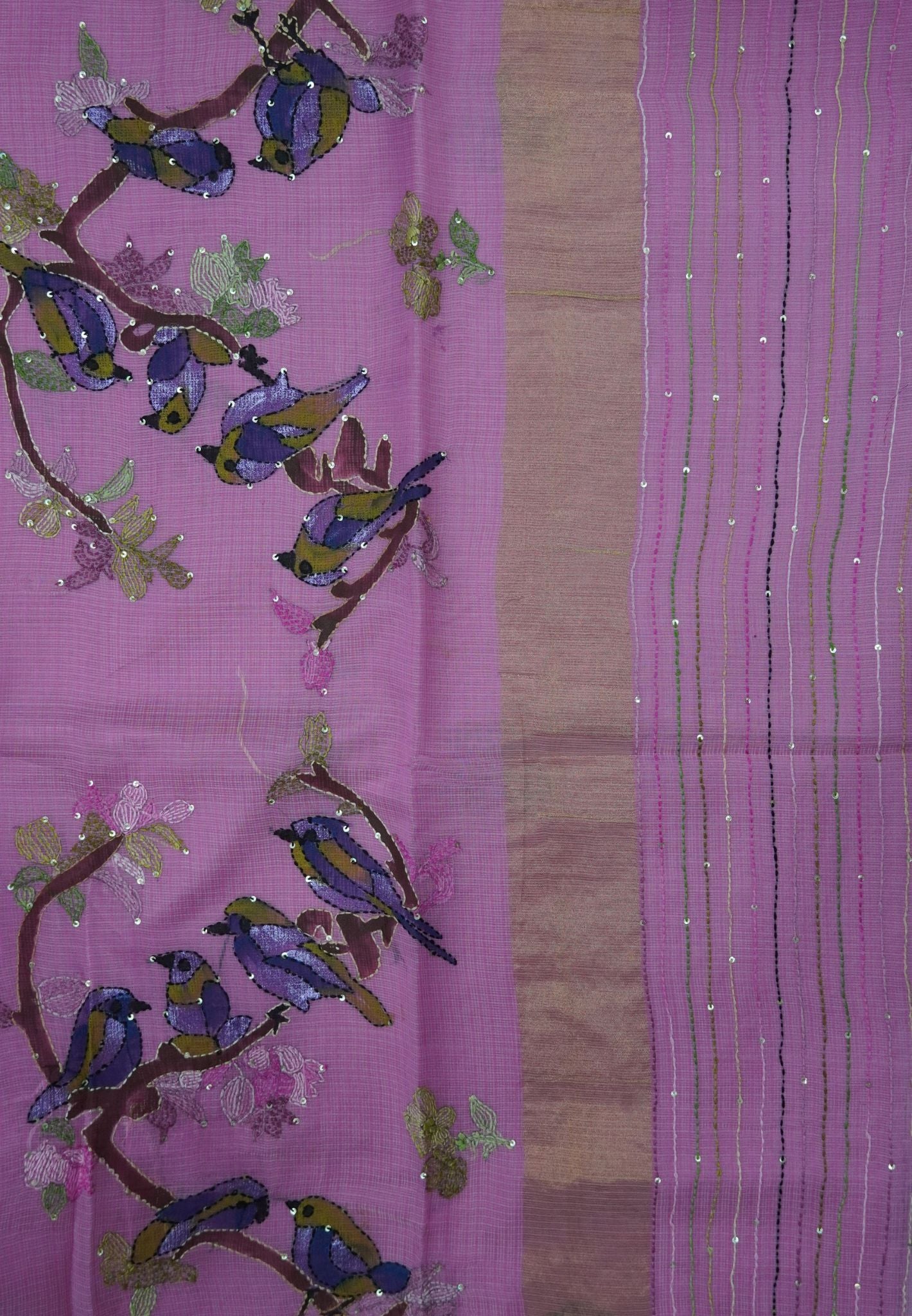 Kota Saree with Bird Embroidery Work - Pink