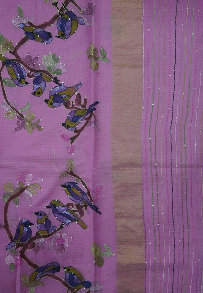 Kota Saree with Bird Embroidery Work - Pink