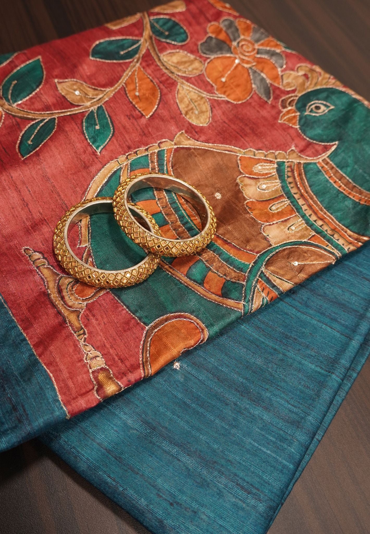 Semi Tussar Saree - Mayil Katch Work Peacock Blue