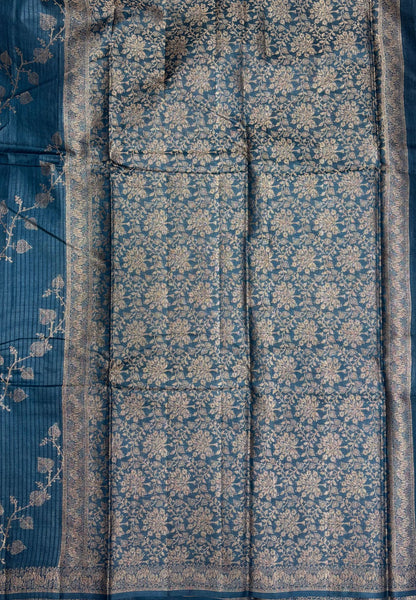 Pure Tussar Saree-Peacock Blue in Floral Vine Brocade Border
