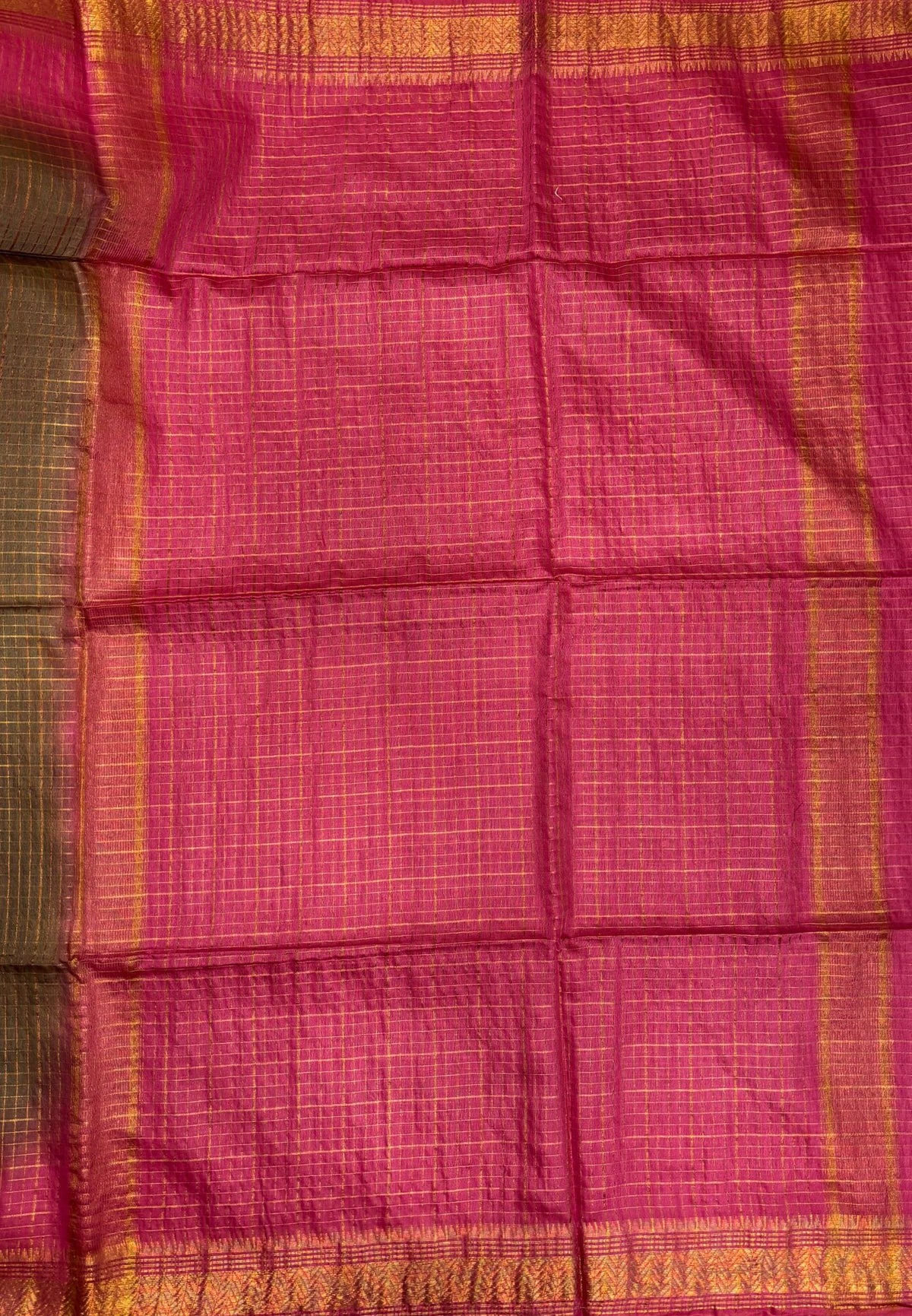 Semi Bhagalpur Tussar Saree-Light Sage Green in Zari checks with Contrast Border