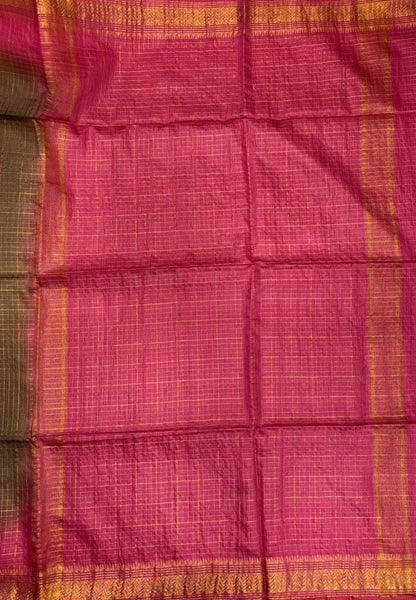 Semi Bhagalpur Tussar Saree-Light Sage Green in Zari checks with Contrast Border