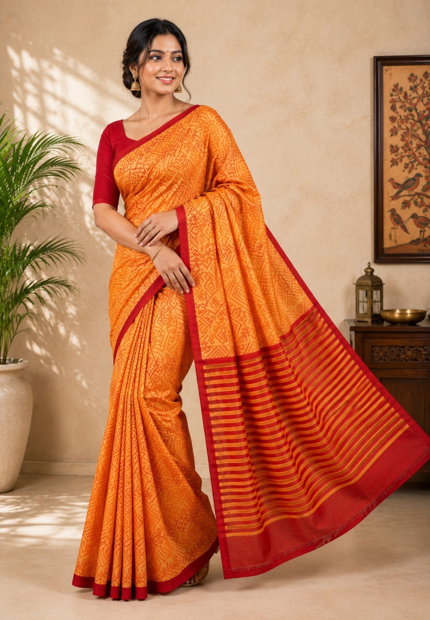 Pure Tussar Saree-Mango Yellow in Bandhini Pattern
