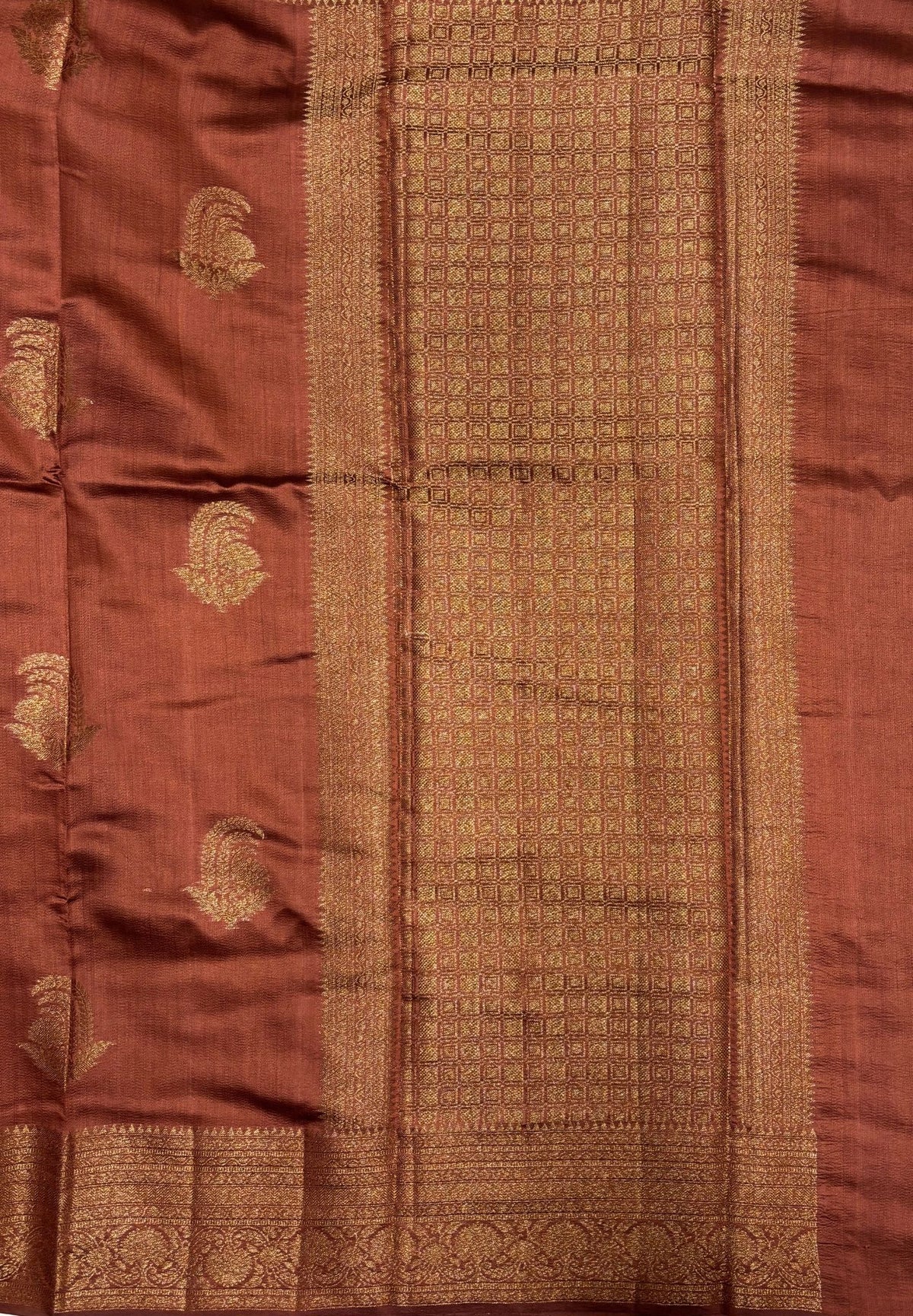 Pure Chinya Silk Saree-Brown In Antique Jaali Brocade Border