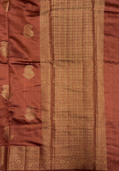 Pure Chinya Silk Saree-Brown In Antique Jaali Brocade Border