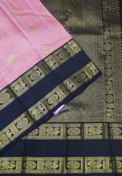 Pure Kanchipuram Silk Saree - Light peach pink-Brown with Retapet Border