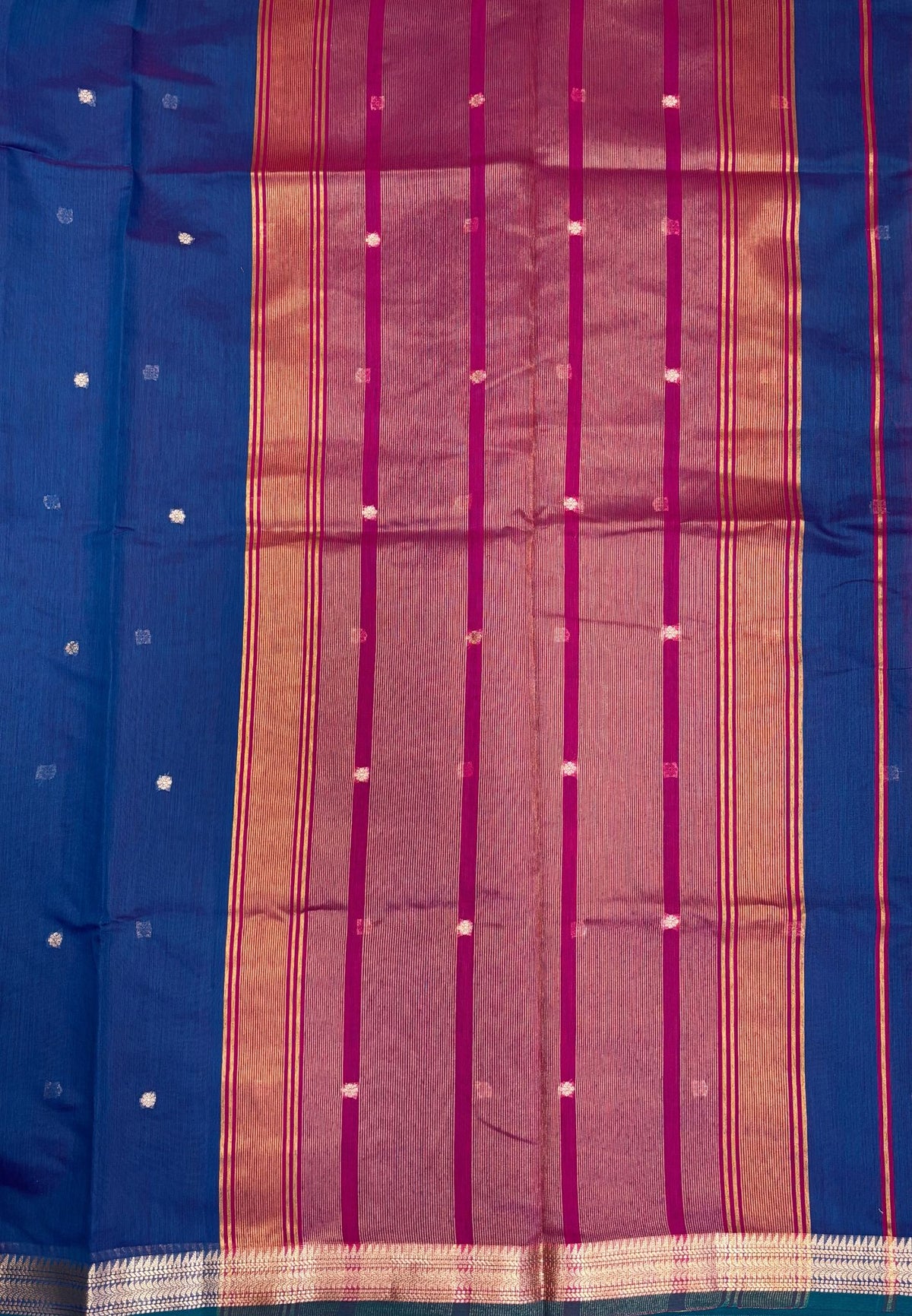 Handloom Cotton Saree-Sulphate Blue In Horizontal Stripe Zari With Contrast Border