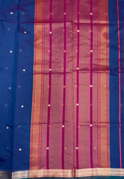 Handloom Cotton Saree-Sulphate Blue In Horizontal Stripe Zari With Contrast Border