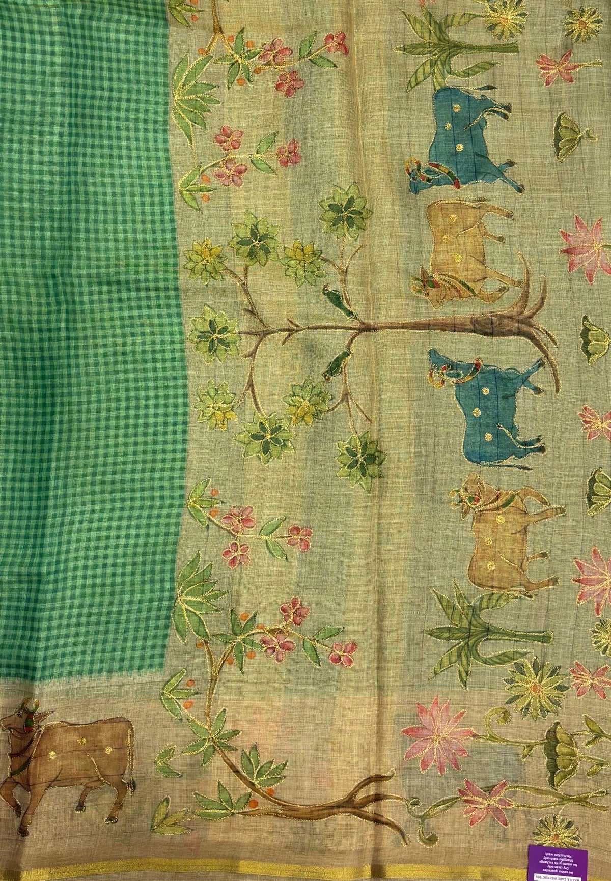 Tissue Linen Saree-Green in Pichwai Art Printed Border