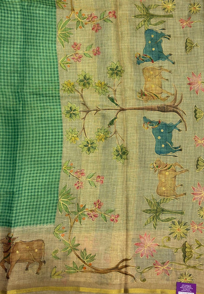 Tissue Linen Saree-Green in Pichwai Art Printed Border