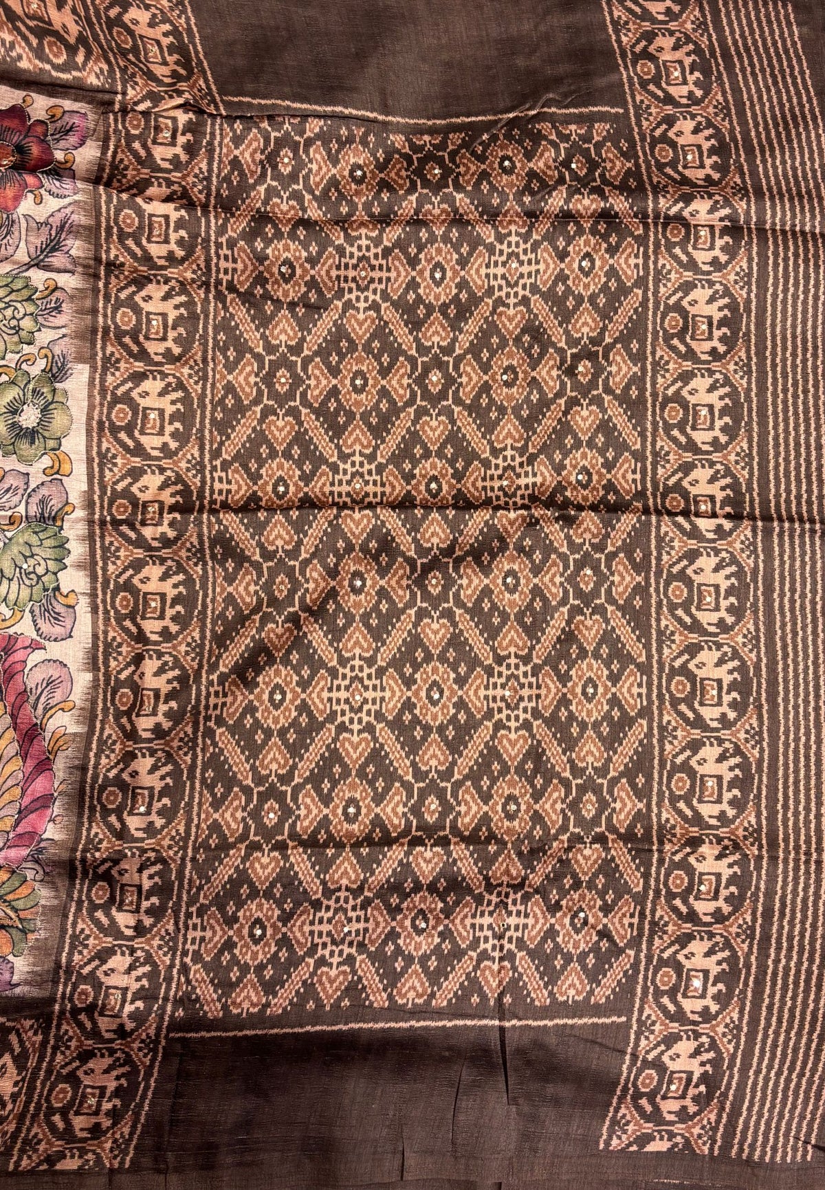Pashmina Tussar Saree-Brown in Kalamkari Floral & Peacock Border