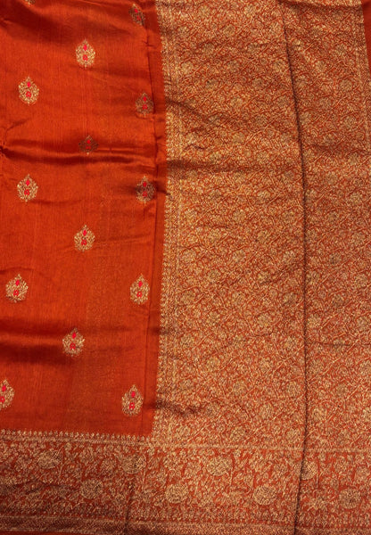 Banarasi Tussar Saree-Rust Orange in Floral Brocade Zari Border