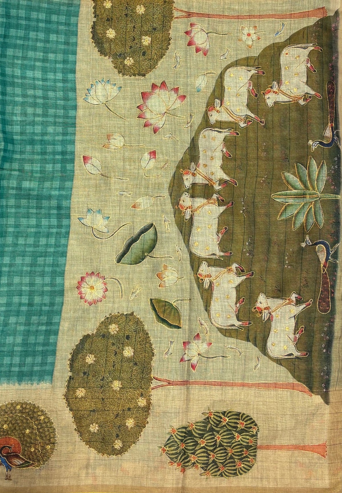 Tissue Linen Saree-Sea Green in Pichwai Cow & Peacock Motif Border