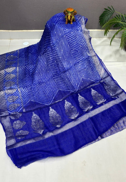 Pure Organza Tussar Saree-Blue In Paisley Leaf Vairaoosi Zari Border With Partly Pallu