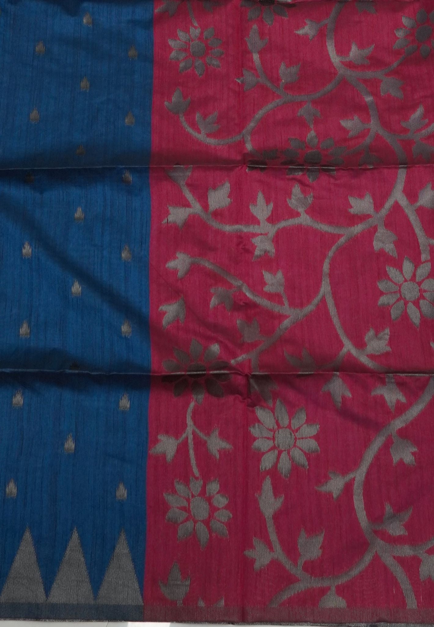 Semi Raw Silk Saree-Peacock Blue in Antique Silver Zari Butta with Tower Border