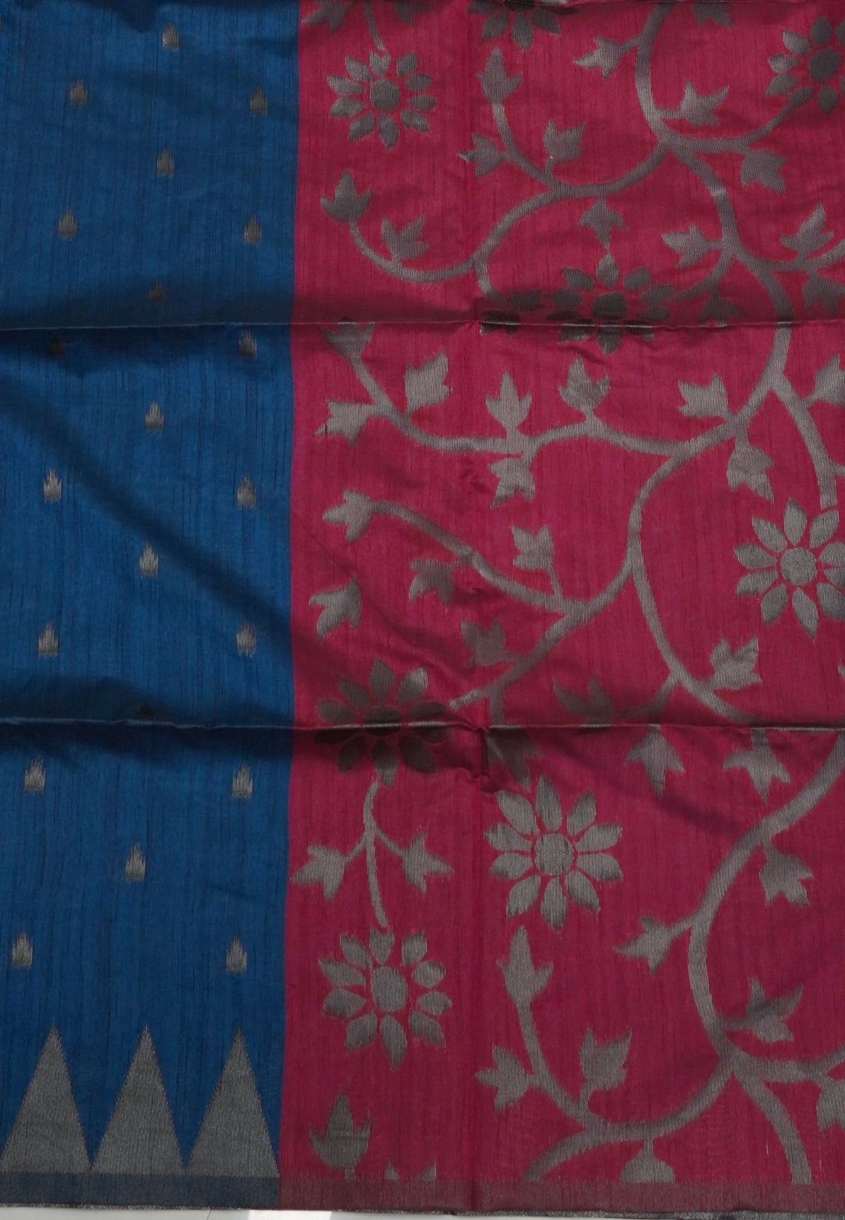 Semi Raw Silk Saree-Peacock Blue in Antique Silver Zari Butta with Tower Border