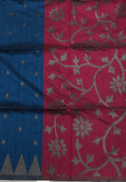 Semi Raw Silk Saree-Peacock Blue in Antique Silver Zari Butta with Tower Border
