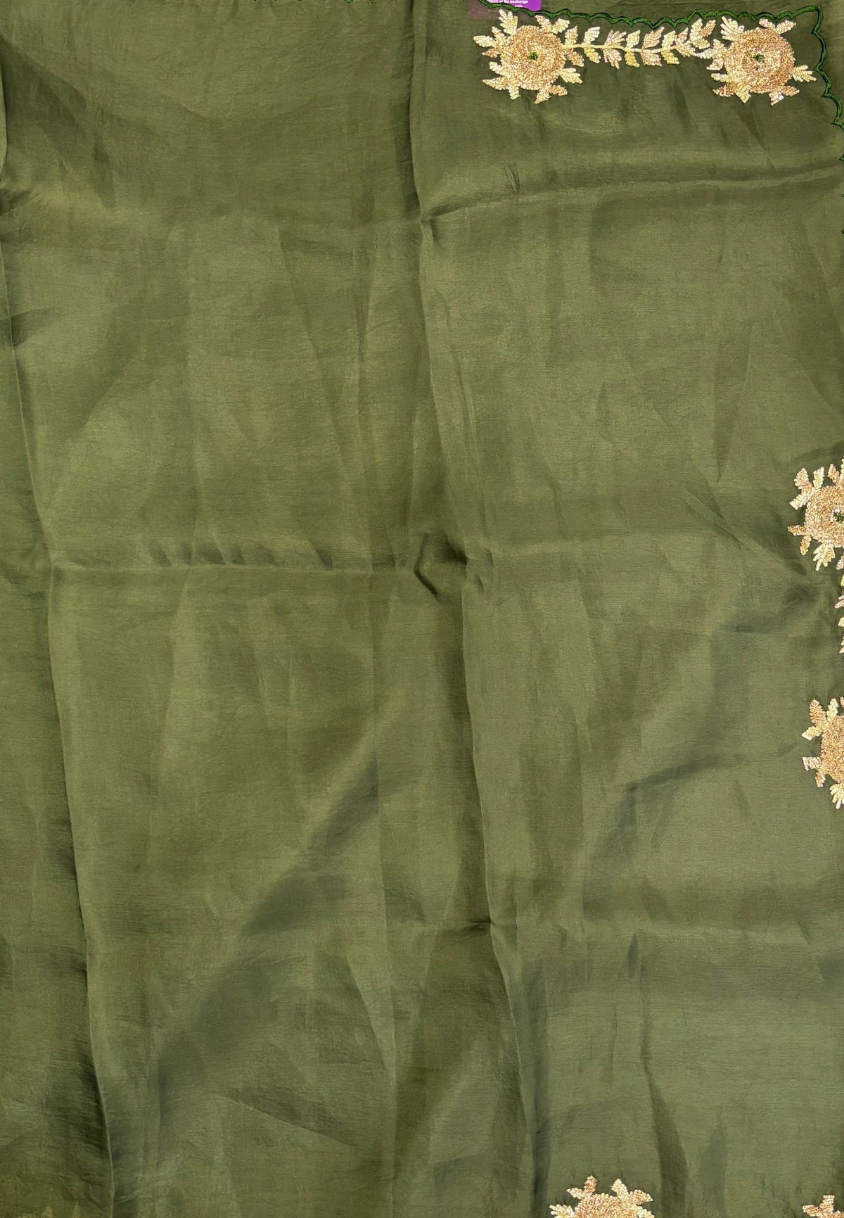 Crush Organza Saree-Grass Green In Floral Vine Scallop Border