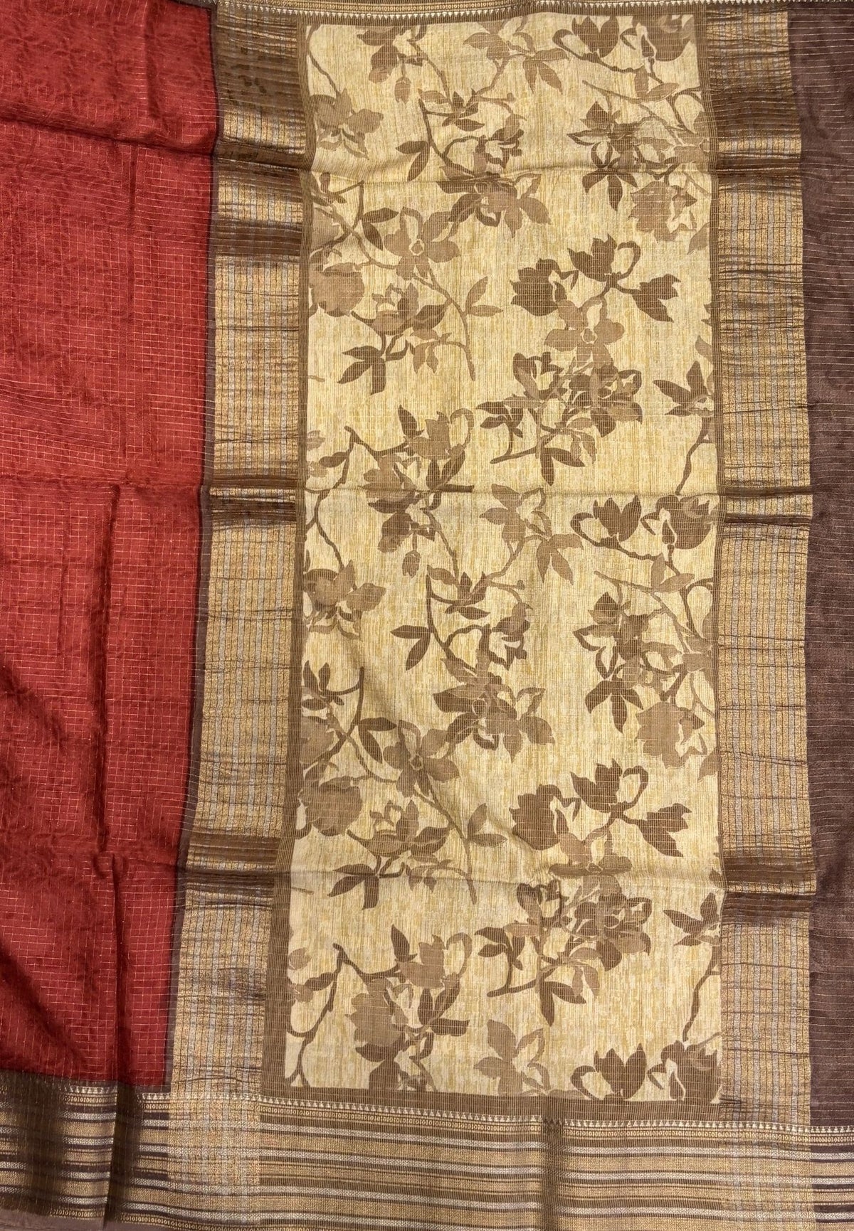 Muslin Tussar Saree-Maroon In Floral Vine Border