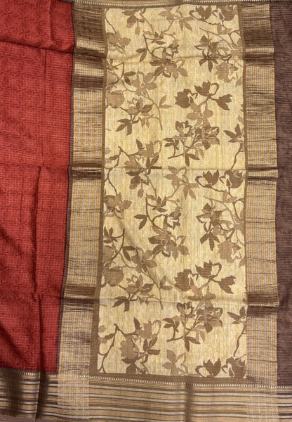 Muslin Tussar Saree-Maroon In Floral Vine Border