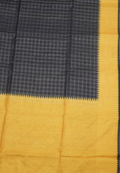 Semi Matka Tussar Saree-Black with Contrast Border and Zari Checks