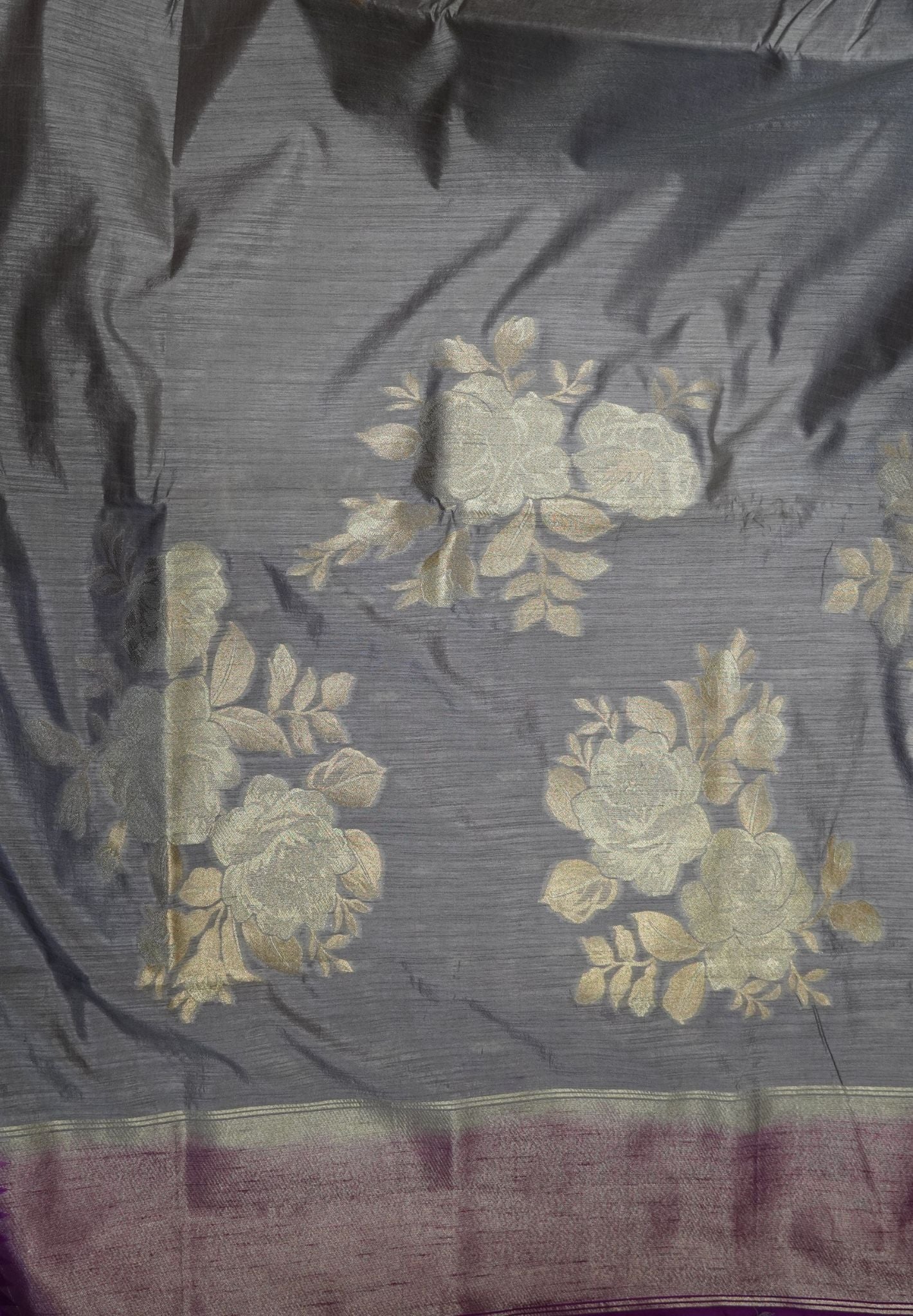 Semi Tussar Saree with Rose Floral Zari Weaving-Grey