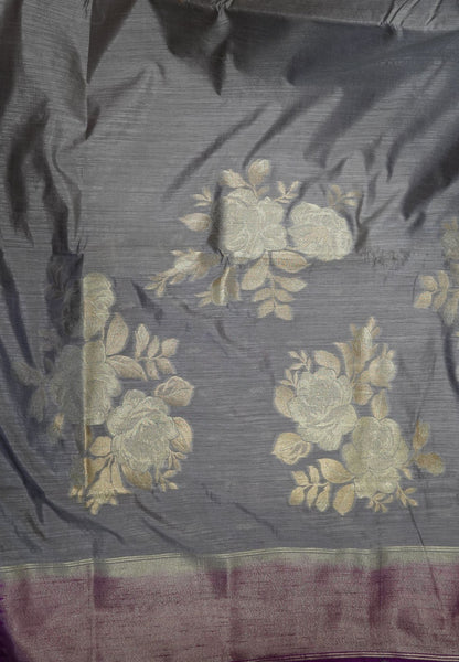 Semi Tussar Saree with Rose Floral Zari Weaving-Grey