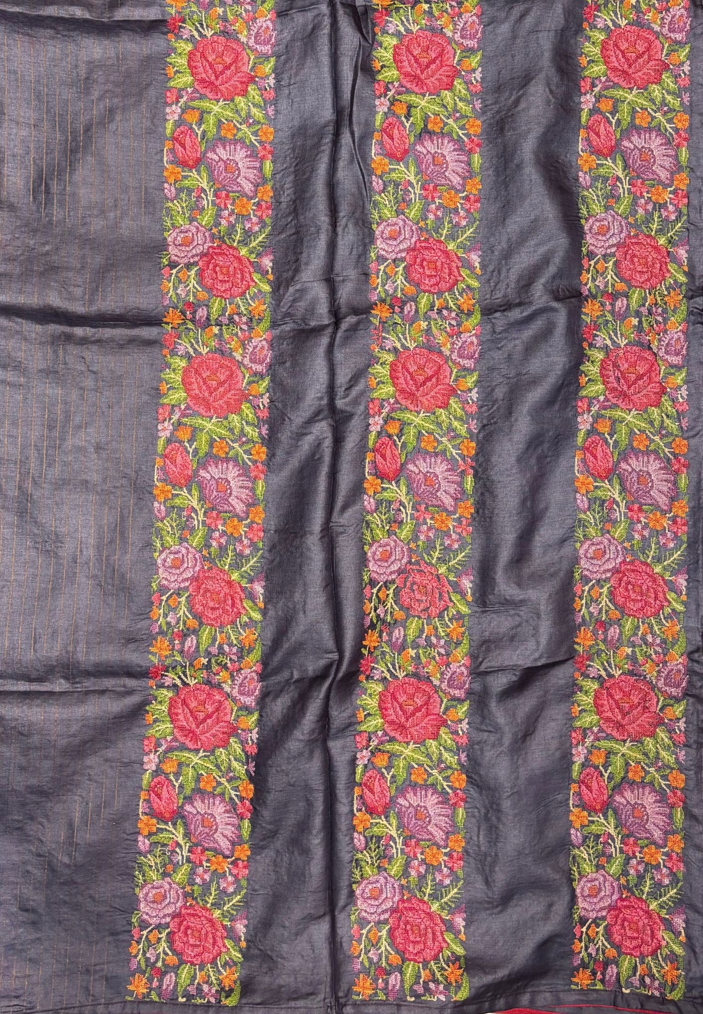Pure Tussar Saree-Space Blue In Floral Vine Embroidered Border