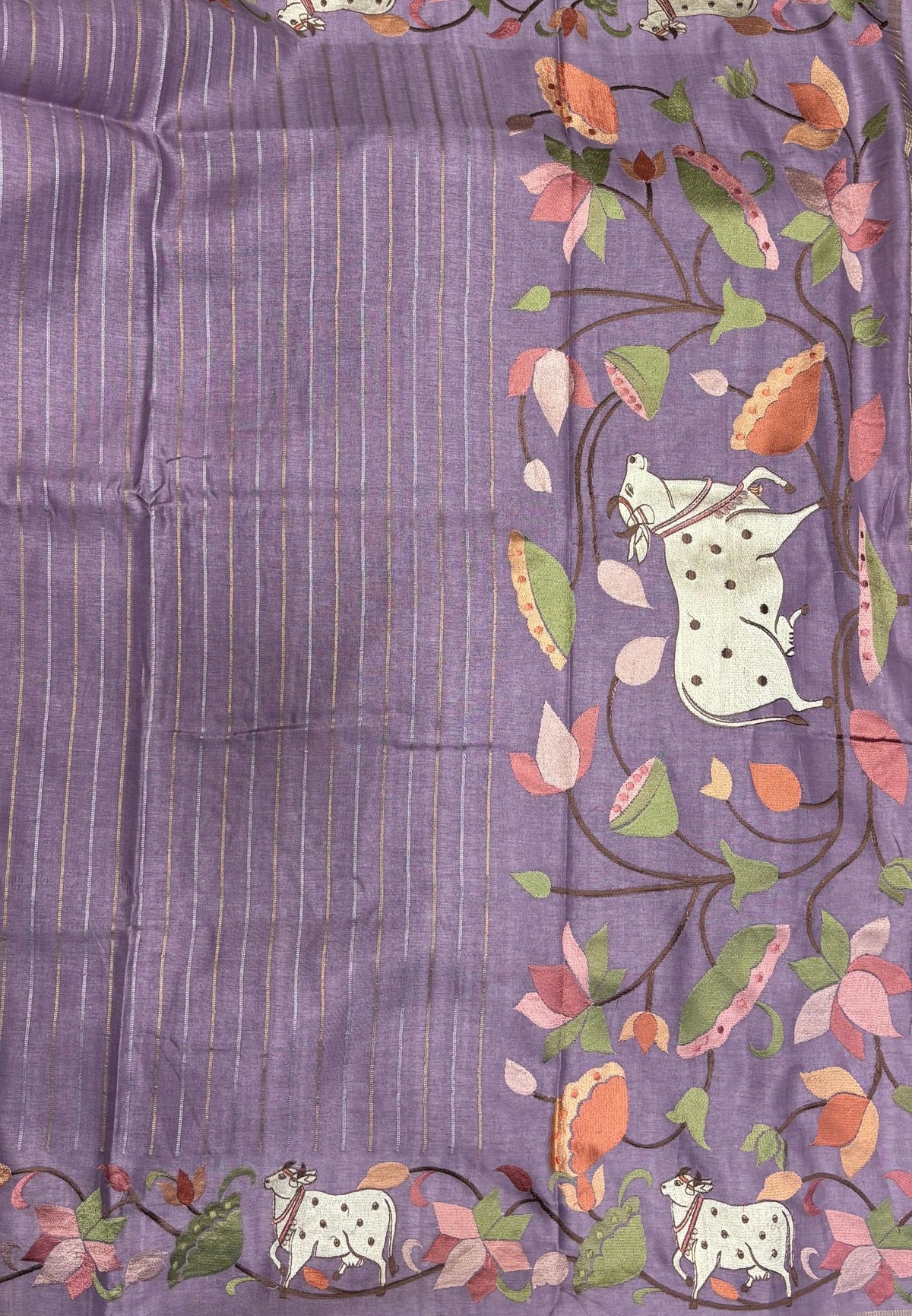 Tussar Saree-Lavender with Zari Stripes in Pichwai Embroidery Border