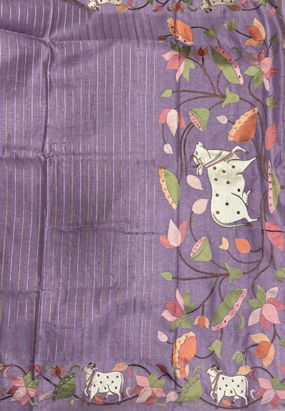 Tussar Saree-Lavender with Zari Stripes in Pichwai Embroidery Border