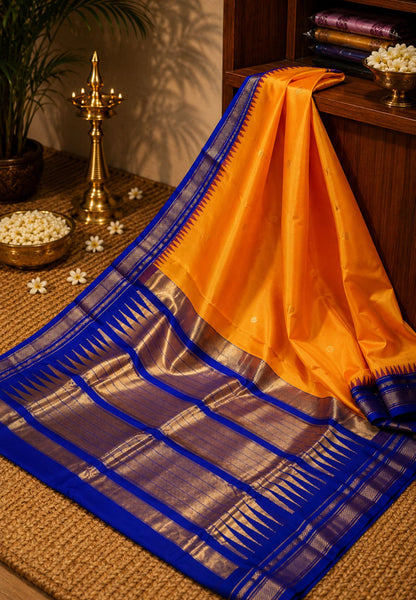 Pure Kanchipuram Silk Saree-Mango Yellow with Contrast Blue Border