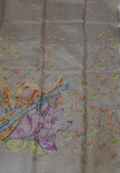 Silk Kota Saree-Sandal With Mirror and Applique Work in Pallu