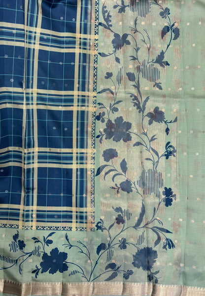 Soft Tussar Saree-Blue In Hibiscus Floral Border