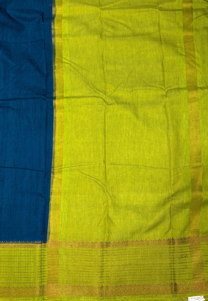 Raw Silk Saree-Peacock Blue With Contrast Border
