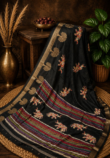Chiffon Saree-Black with Tree Zari