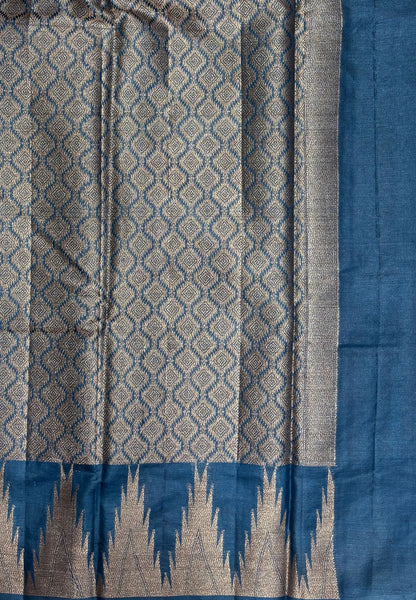 Pure Tussar Saree-Peacock Blue In Tazhalampoo Zari Border