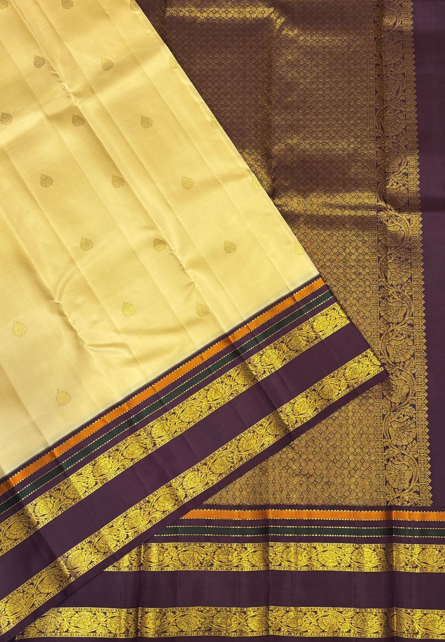 Pure Kanchipuram Silk Saree-Sandal in Floral Brocade Zari with Contrast Border