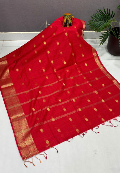 Cotton Saree-Red In Floral Zari Stripe Border