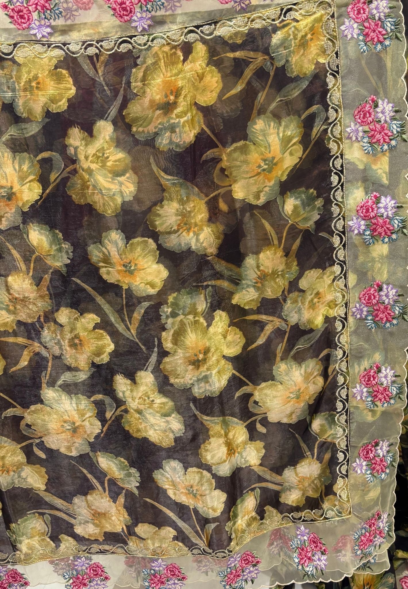 Designer Saree-Brown with Floral Hand Paint