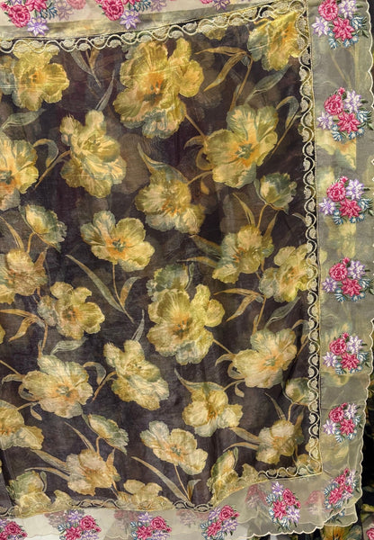 Designer Saree-Brown with Floral Hand Paint