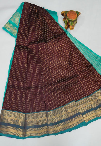 Pure Silk Cotton Saree-Coffee Brown in Golden Zari Checks with Contrast Border