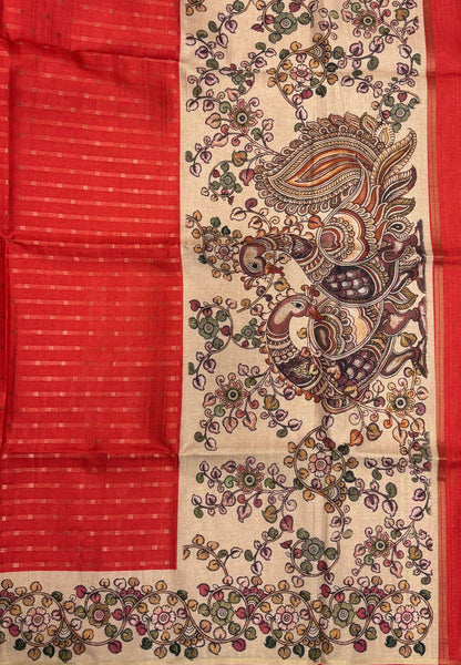 Semi Tussar Saree-Brick Red in Kalamkari Peacock Floral Border